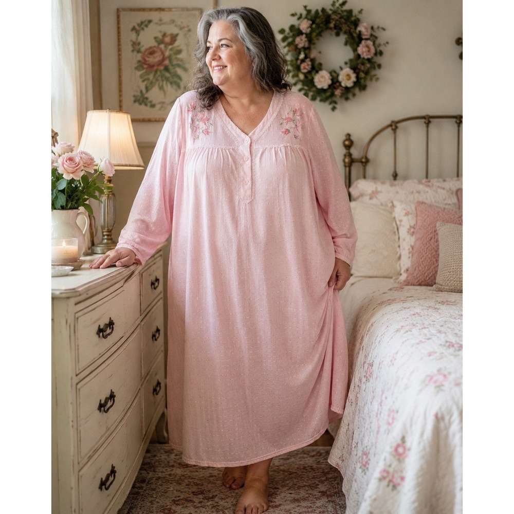 Lati Fashion Pink Floral Embroidered Nightgown 4X Swiss Dot Lace Trim Sleepgown